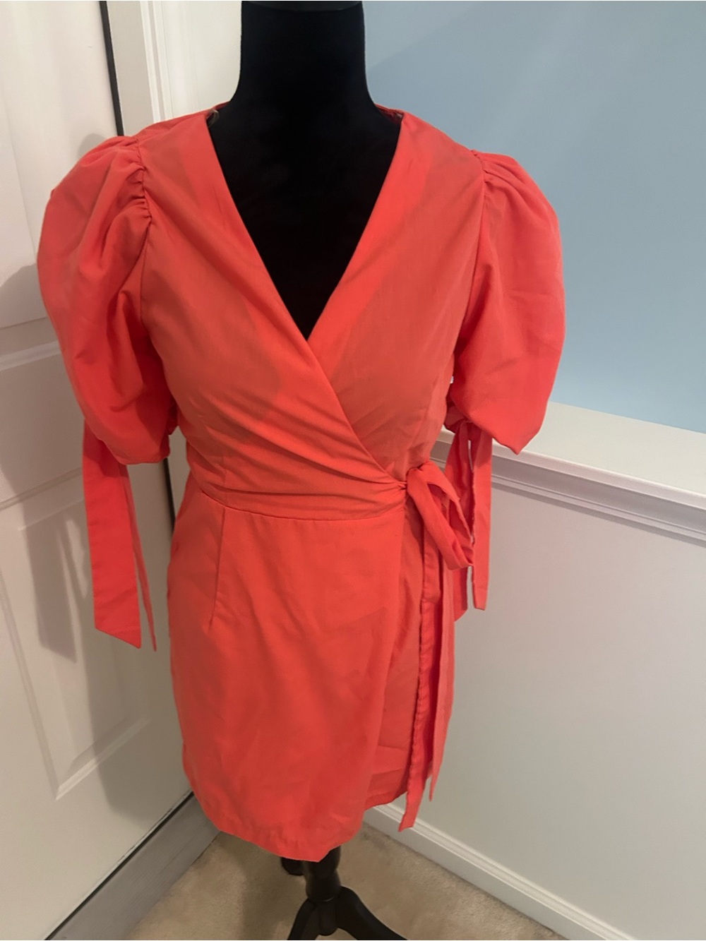 Women’s Coral Wrap Dress with Puff Sleeves These Three Boutique